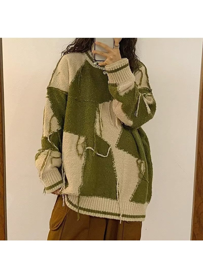 2026 Lazy Knit Sweater Women Retro Loose Pull-over Green