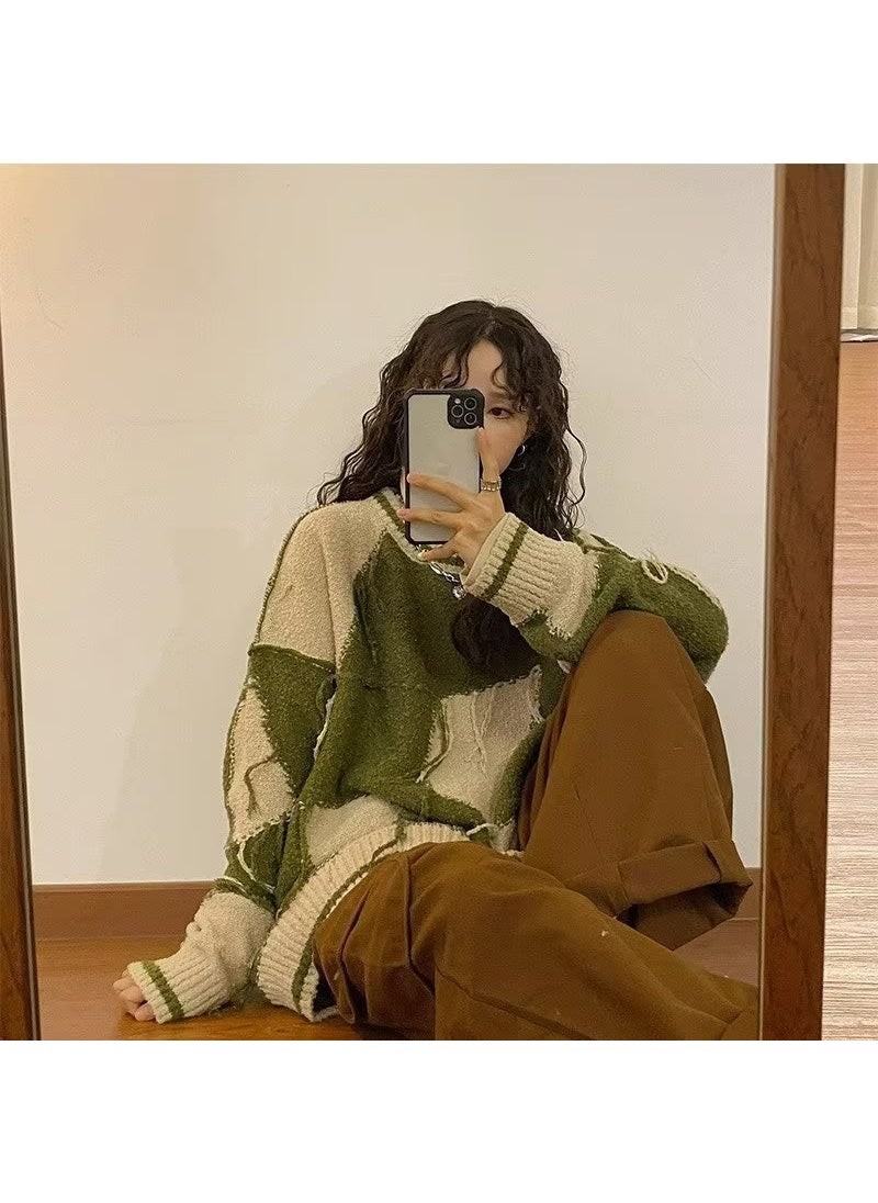 2026 Lazy Knit Sweater Women Retro Loose Pull-over Green