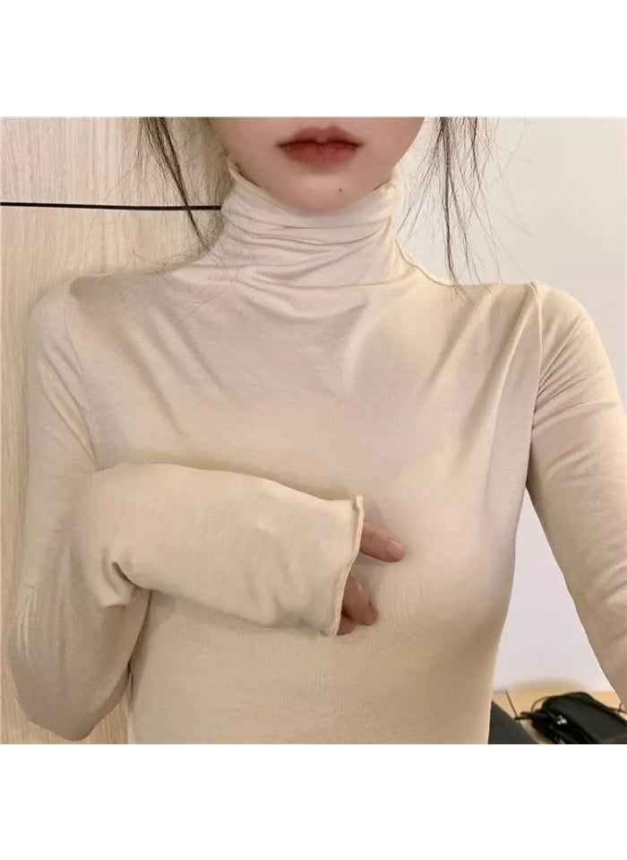 High Neck Long Sleeve Slim Fit Fashion Top Apricot