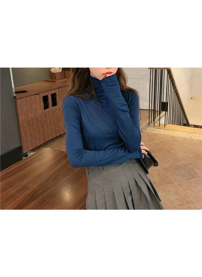 High Neck Long Sleeve Slim Fit Fashion Top Blue