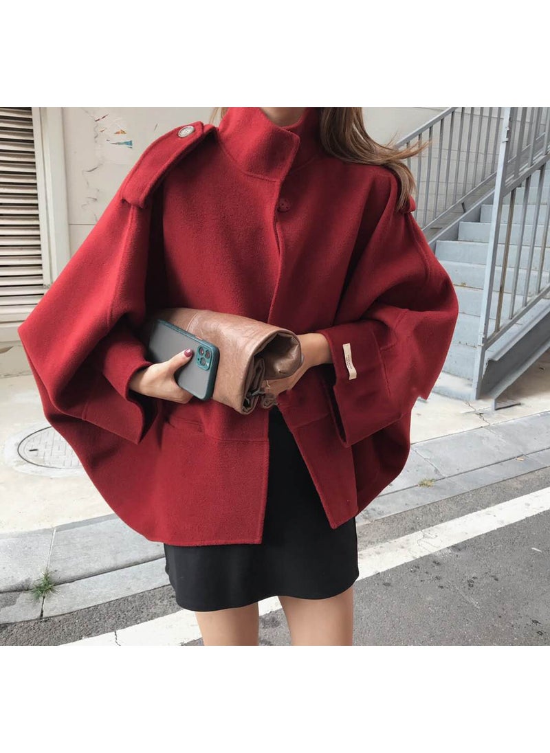 2023 French Retro Collar Batwing Cape Wool Top Women Retro Red