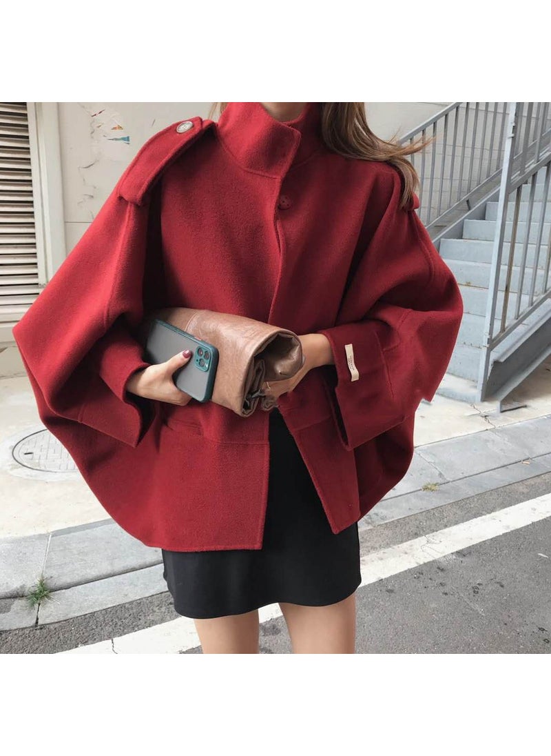 2023 French Retro Collar Batwing Cape Wool Top Women Retro Red