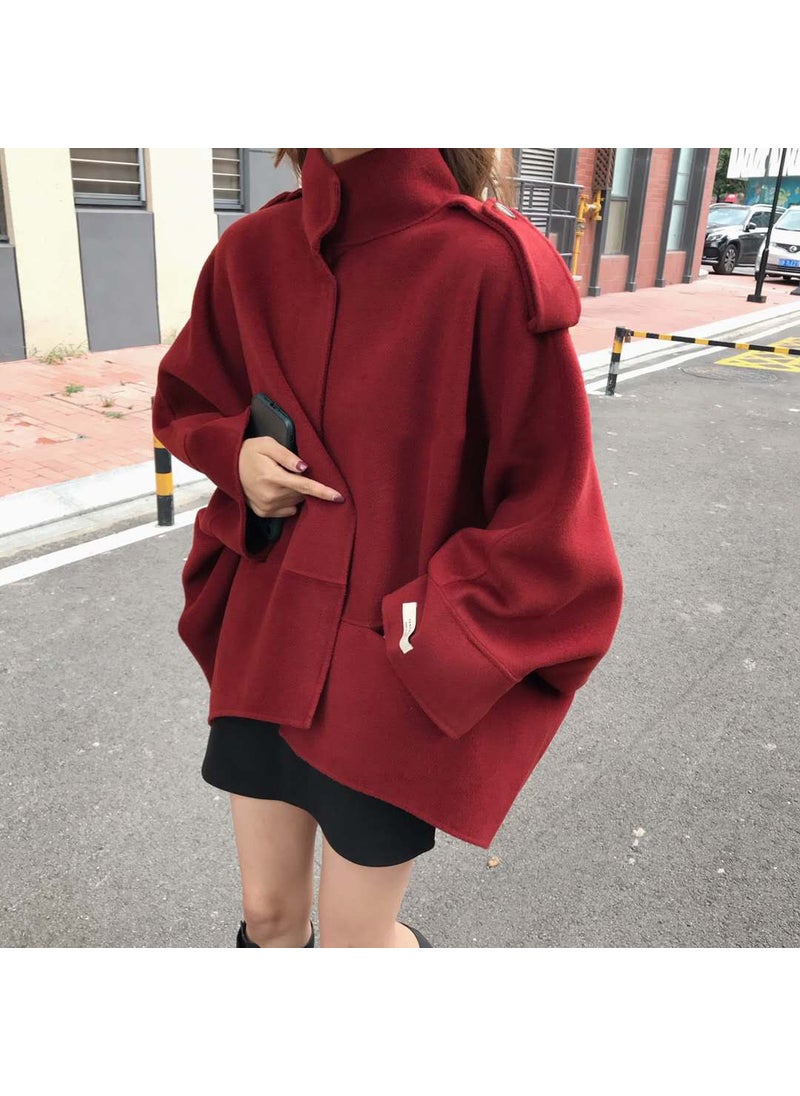 2023 French Retro Collar Batwing Cape Wool Top Women Retro Red