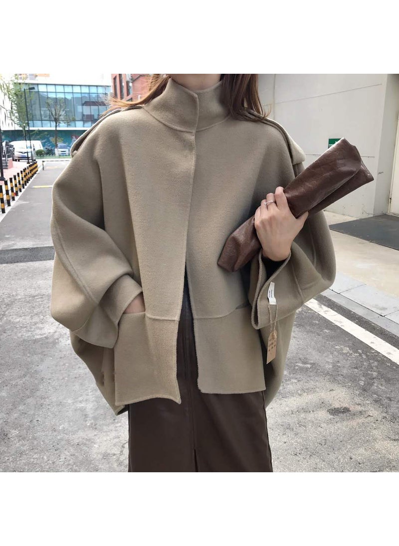 2023 French Retro Collar Batwing Cape Wool Top Women Black