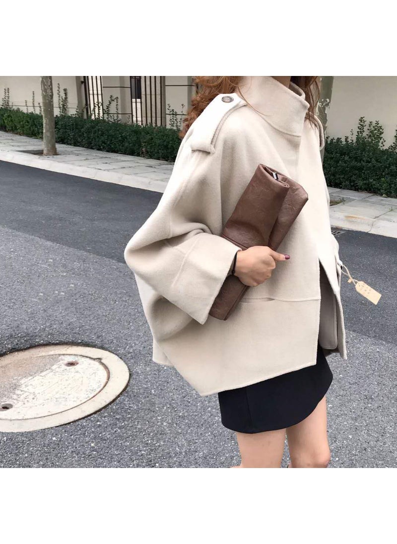 2023 French Retro Collar Batwing Cape Wool Top Women Apricot