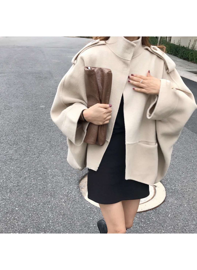 2023 French Retro Collar Batwing Cape Wool Top Women Apricot