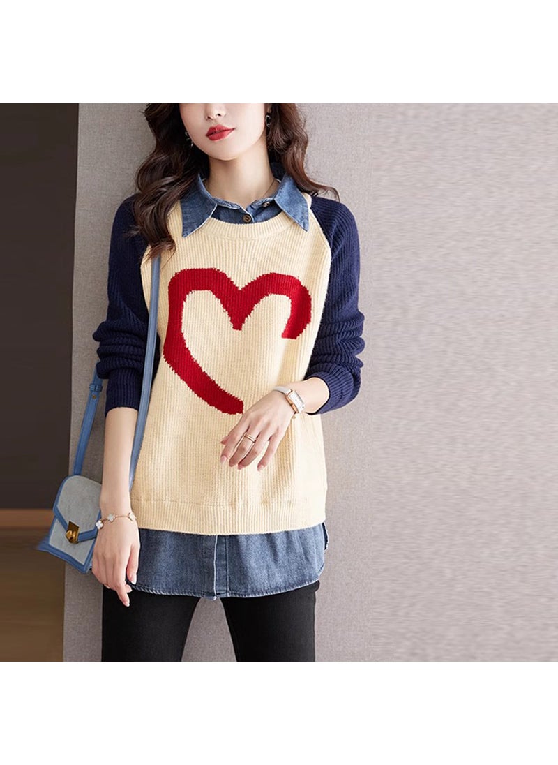 2023 Spring Autumn Knit Denim Patchwork Wool Shirt Red