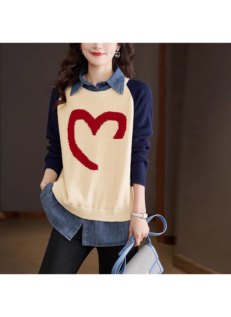 2023 Spring Autumn Knit Denim Patchwork Wool Shirt Red