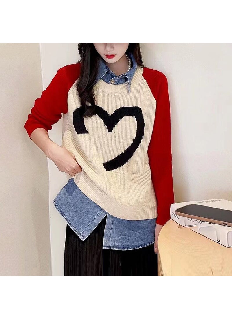 2023 Spring Autumn Knit Denim Patchwork Wool Shirt Red