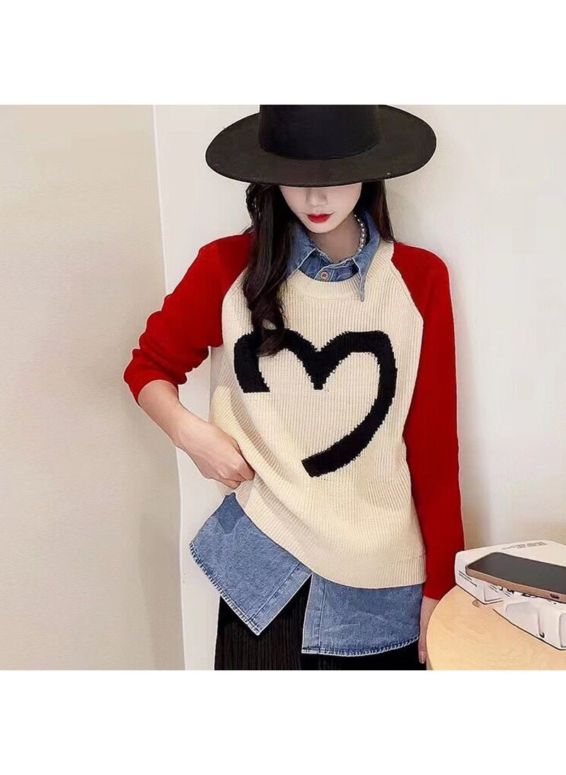 2023 Spring Autumn Knit Denim Patchwork Wool Shirt Red