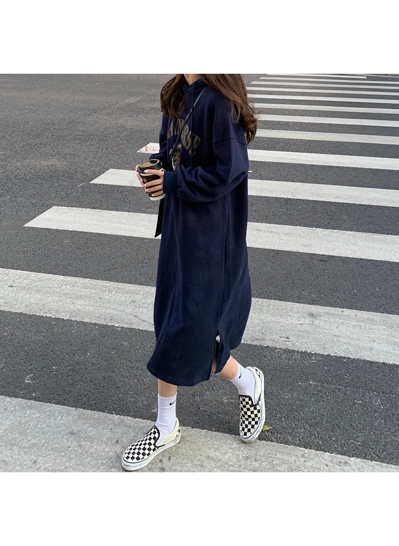 Harajuku Style Striped Sweater Dress Womens Winter Oversized Dark blue