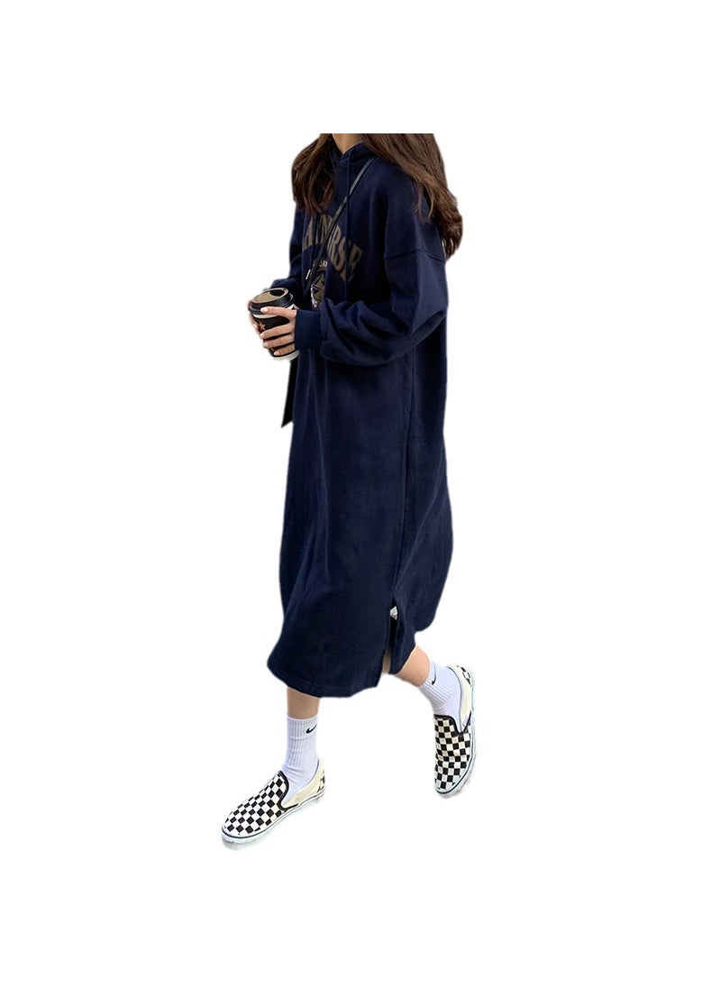 Harajuku Style Striped Sweater Dress Womens Winter Oversized Dark blue