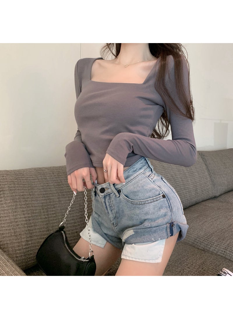 Square Neck Solid Tee Women Spring Autumn Slim Fit Top Gray