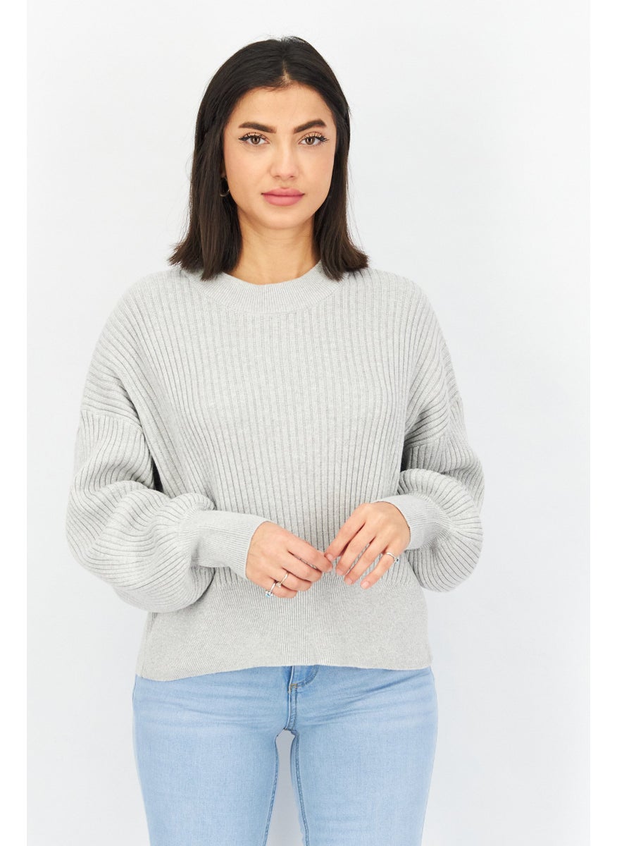 Women Crew Neck Knitted Sweater, Light Grey