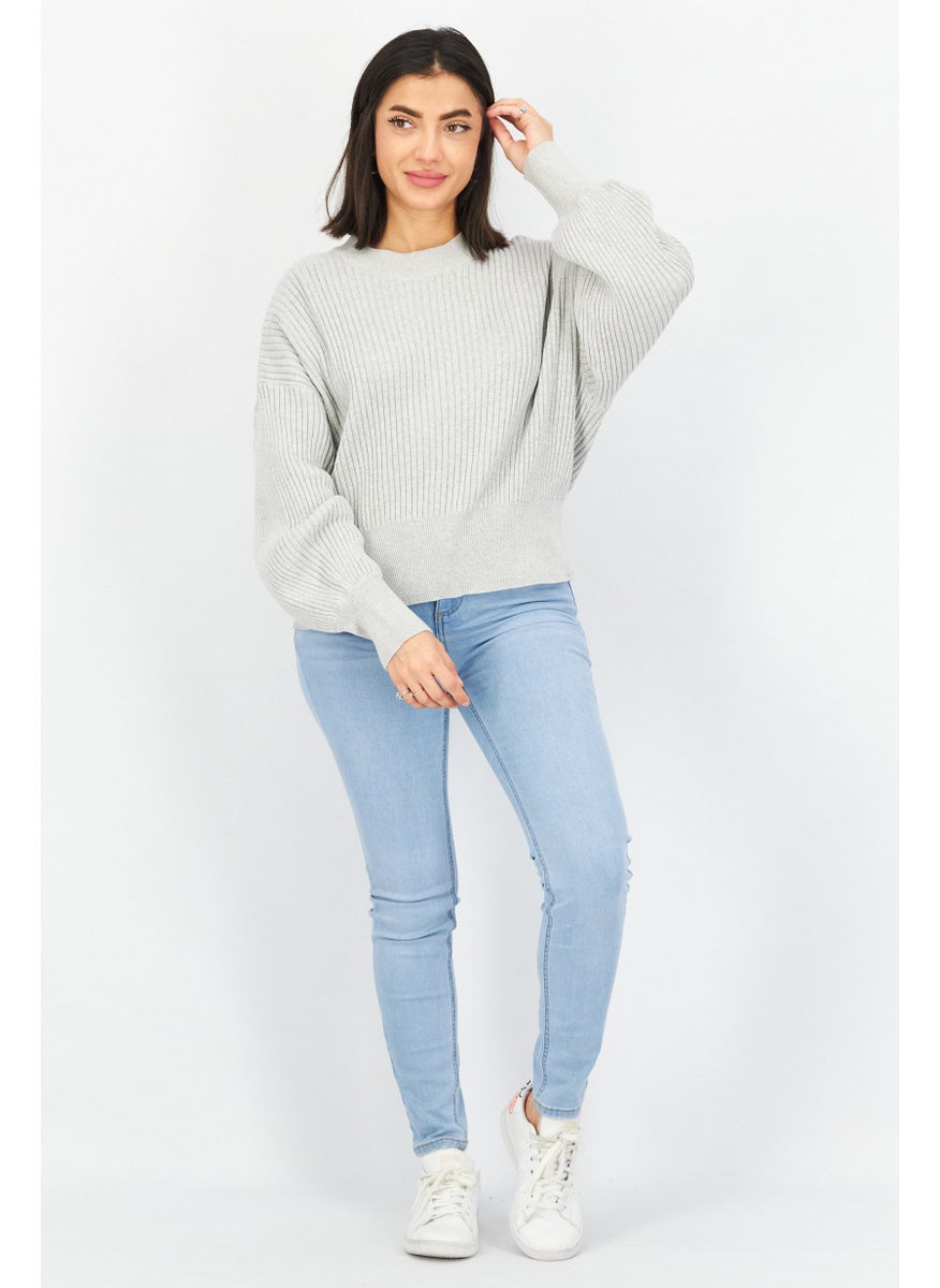 Women Crew Neck Knitted Sweater, Light Grey