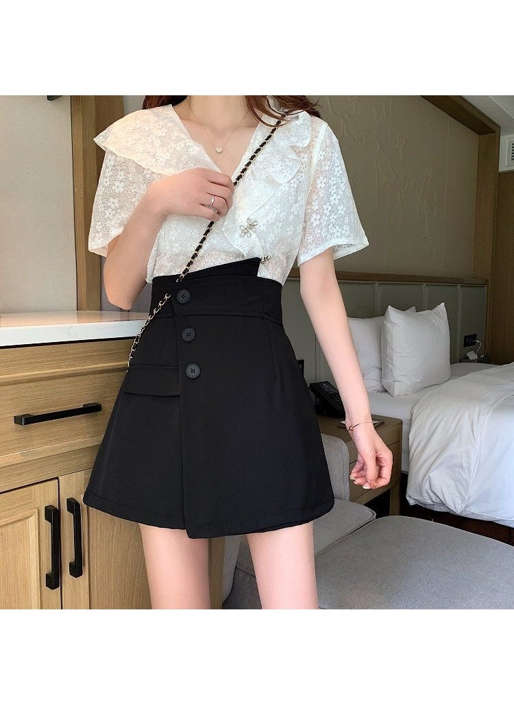 2023 Summer High-Waist Slimming Wide-Leg Skirt-Pants for Women Black