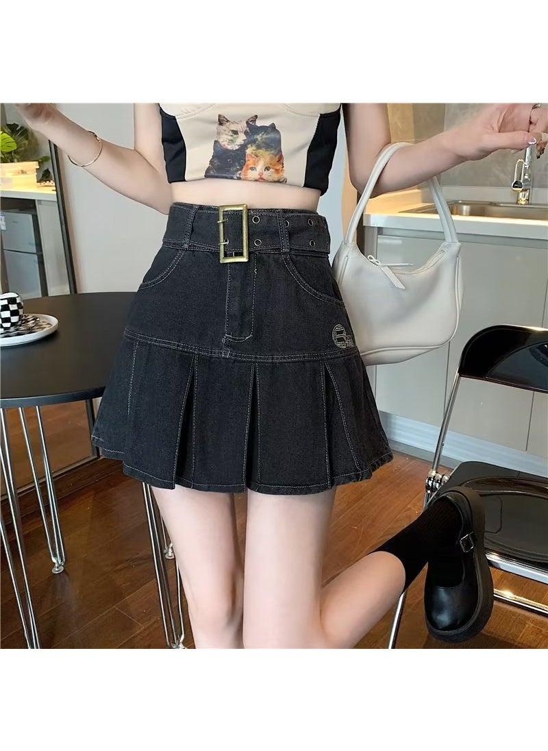 2023 Summer Black Pleated Denim Skirt A-Line Black