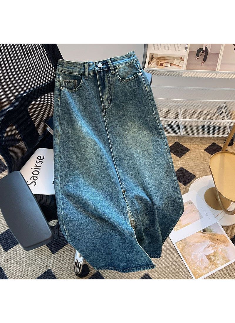 Summer Denim A-Line Slit Skirt for Women Vintage Blue