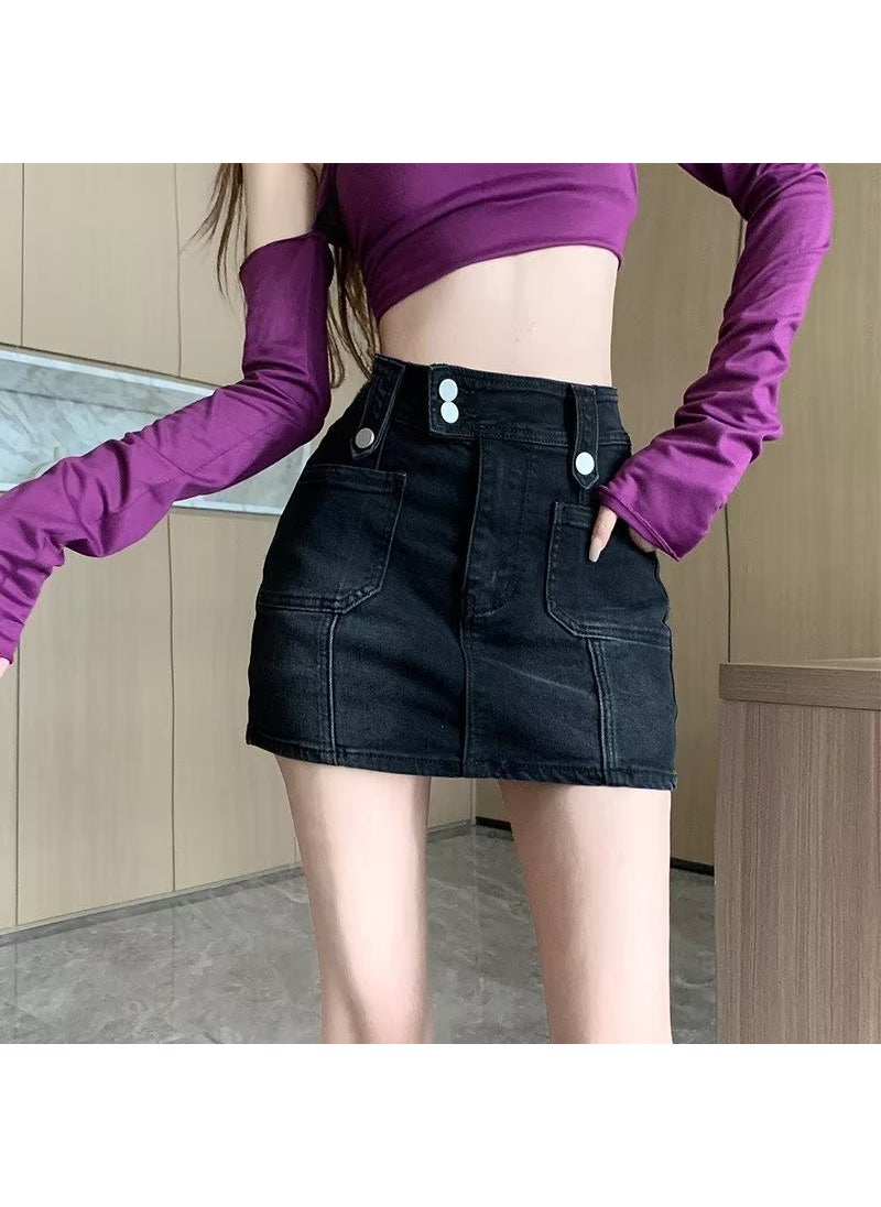 Vintage High-Waist Denim Skirt Summer Black