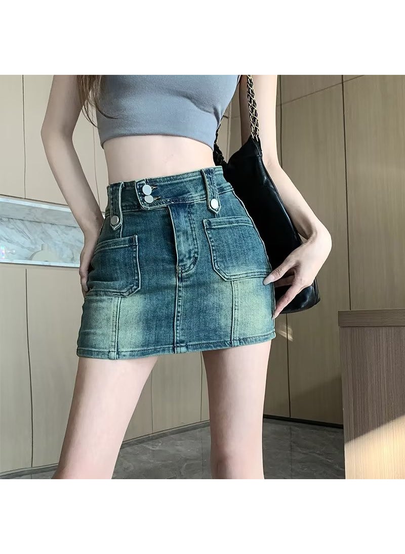 Vintage High-Waist Denim Skirt Summer Blue