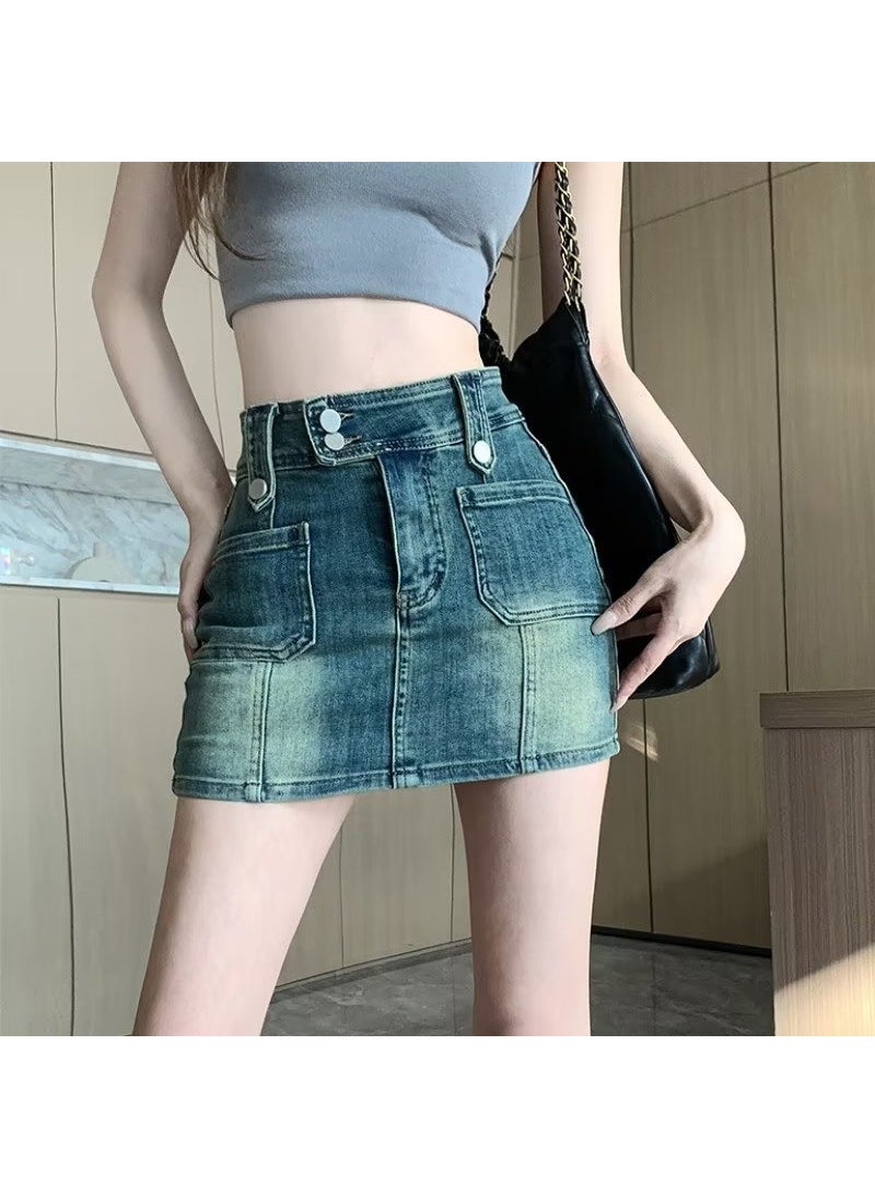 Vintage High-Waist Denim Skirt Summer Blue