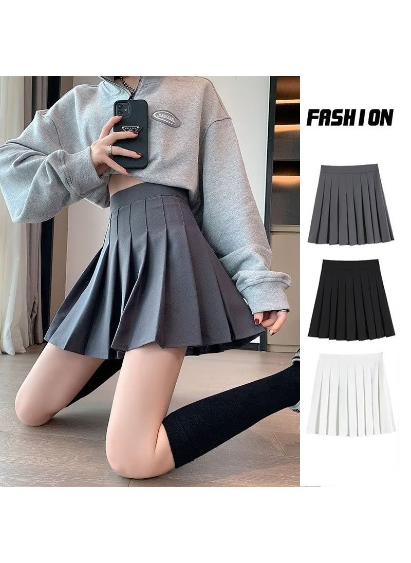 Grey Pleated Skirt Summer 2023 High Waist A-line White