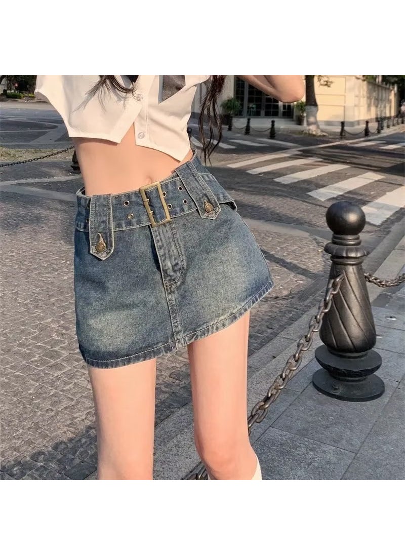 Summer Vintage High-Waist Denim Skirt for Women Vintage Blue