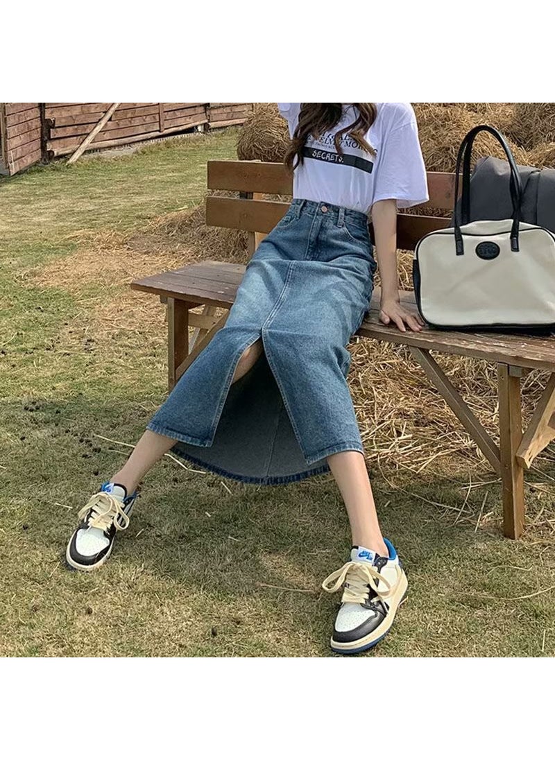 High Waist Slit Denim Midi Skirt Summer 2023 Blue