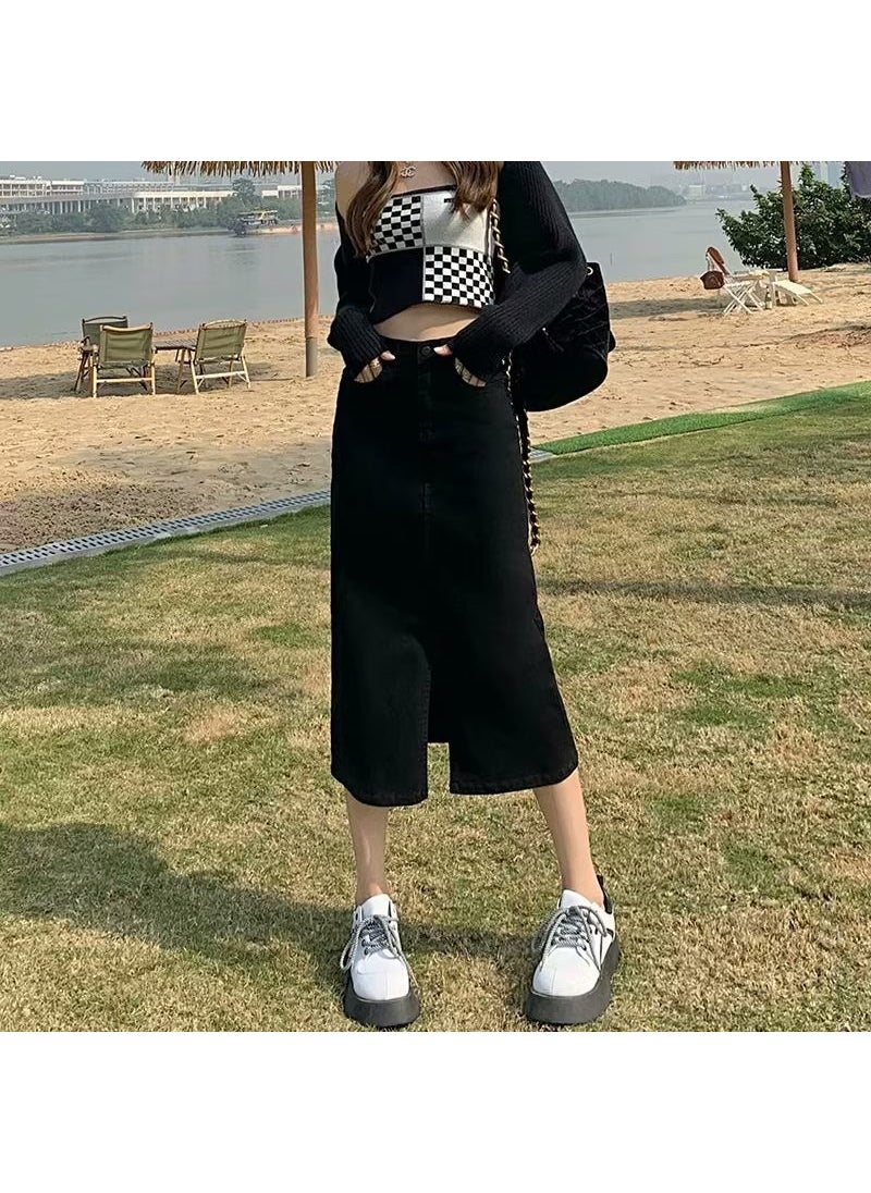 High Waist Slit Denim Midi Skirt Summer 2023 Black