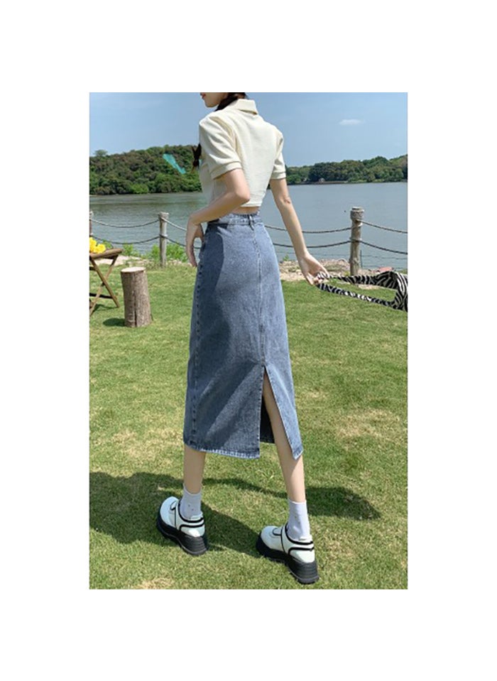 High Waist Split Denim Skirt Women 2024 Spring Autumn Vintage light blue