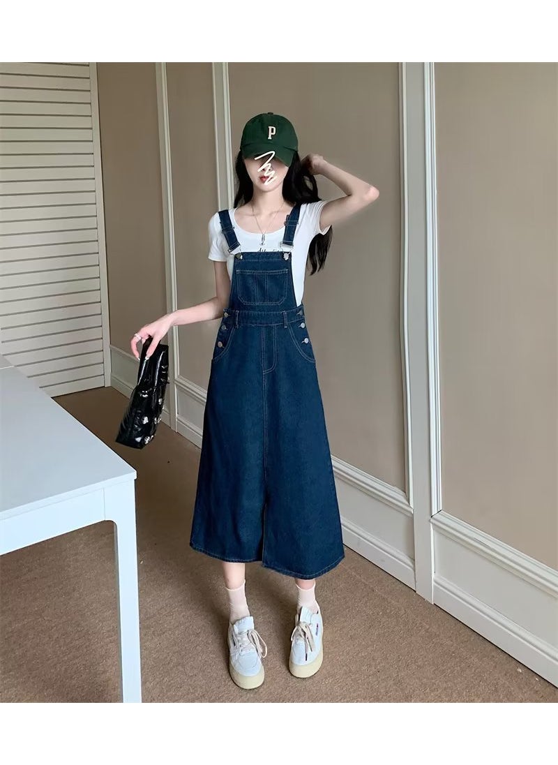 Vintage Split Denim Pinafore Dress 2023 Summer Dark Blue