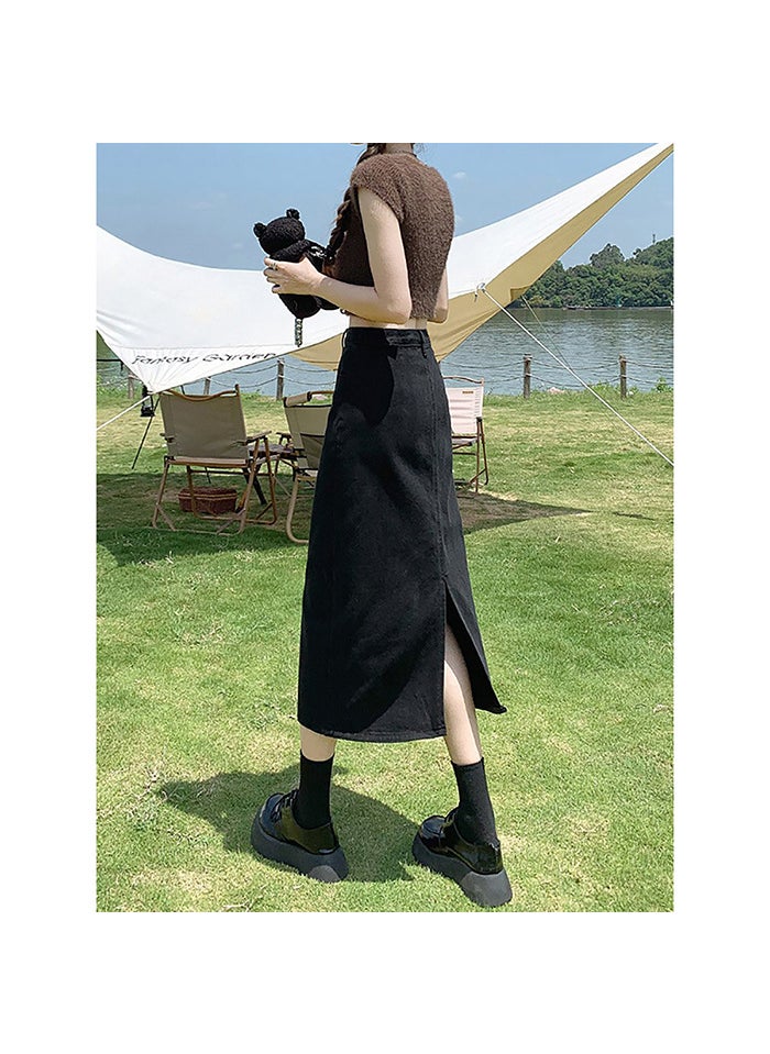 High Waist Split Denim Skirt Women 2024 Spring Autumn Black