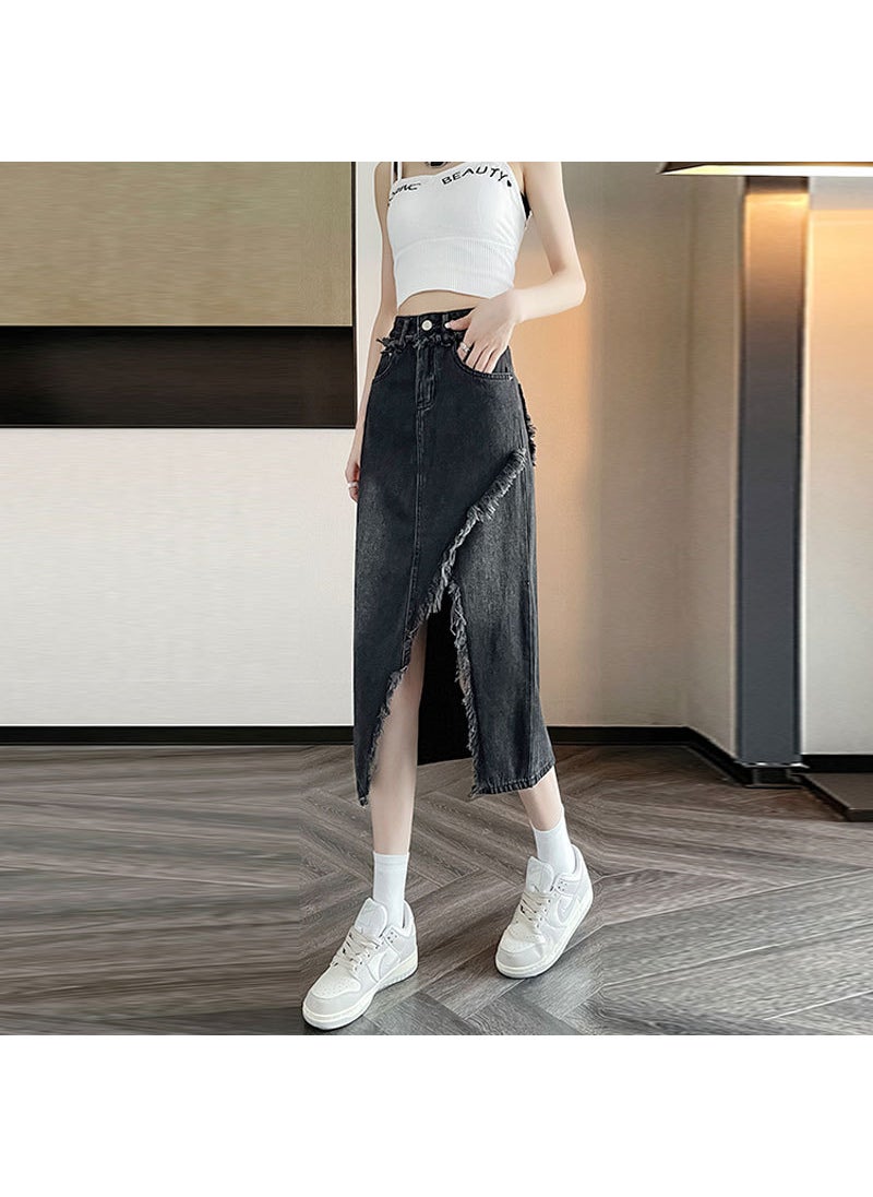 Frayed Hem Denim Skirt Women High Waist A-Line Split Midi Black Gray