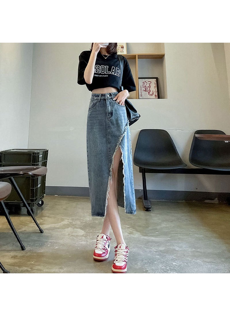 Frayed Hem Denim Skirt Women High Waist A-Line Split Midi Black Gray