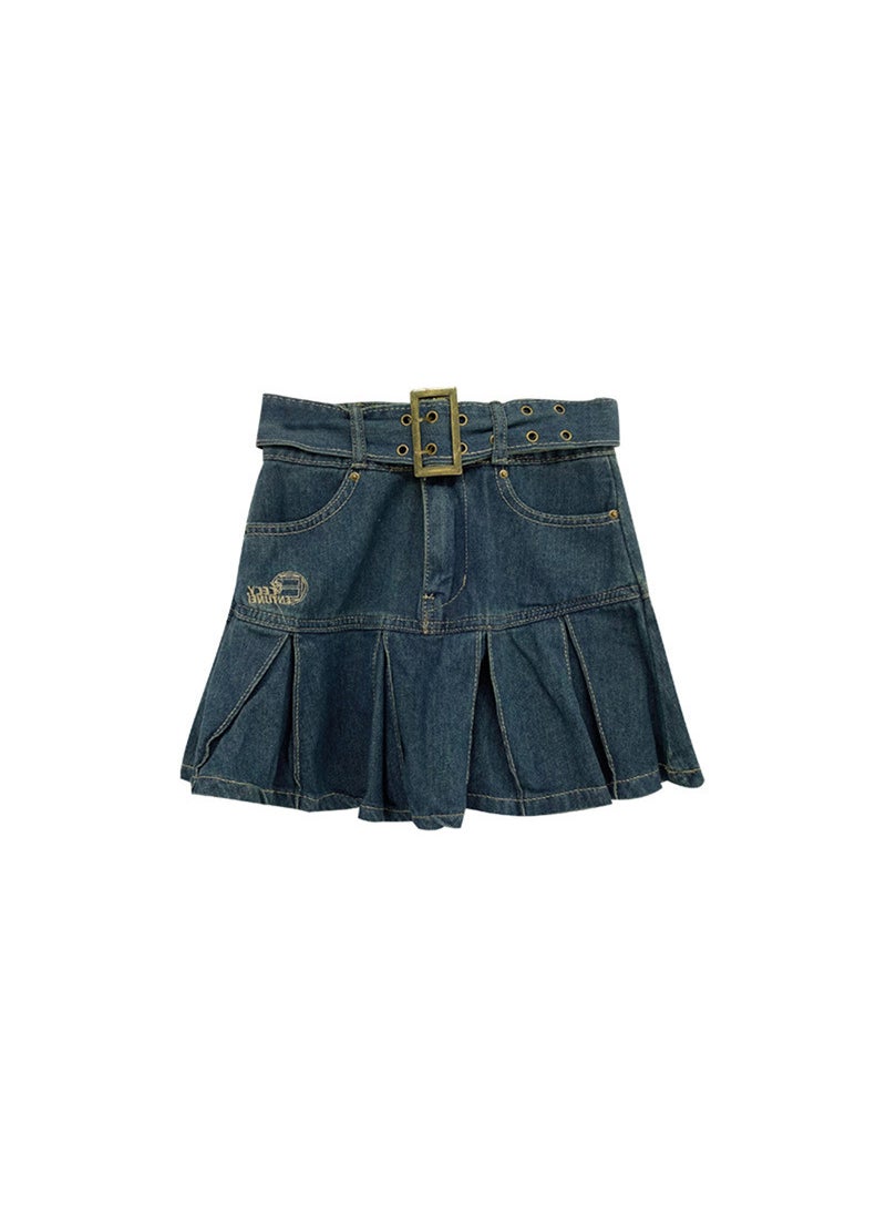 Summer High-Waist Retro Denim Skater Skirt for Women Blue