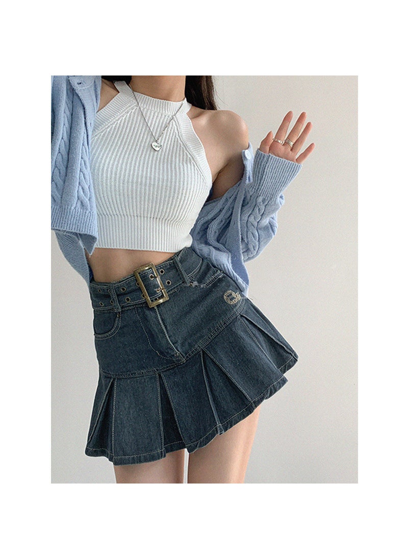 Summer High-Waist Retro Denim Skater Skirt for Women Blue