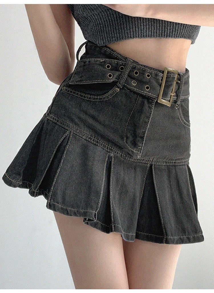 Summer High-Waist Retro Denim Skater Skirt for Women Blue