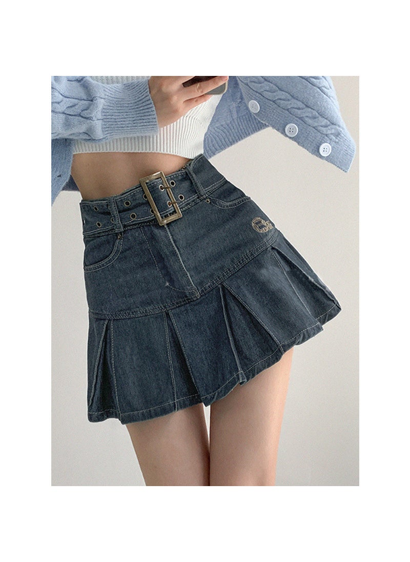 Summer High-Waist Retro Denim Skater Skirt for Women Blue