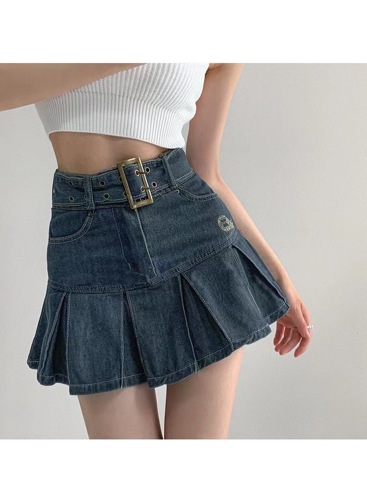 Summer High-Waist Retro Denim Skater Skirt for Women Blue