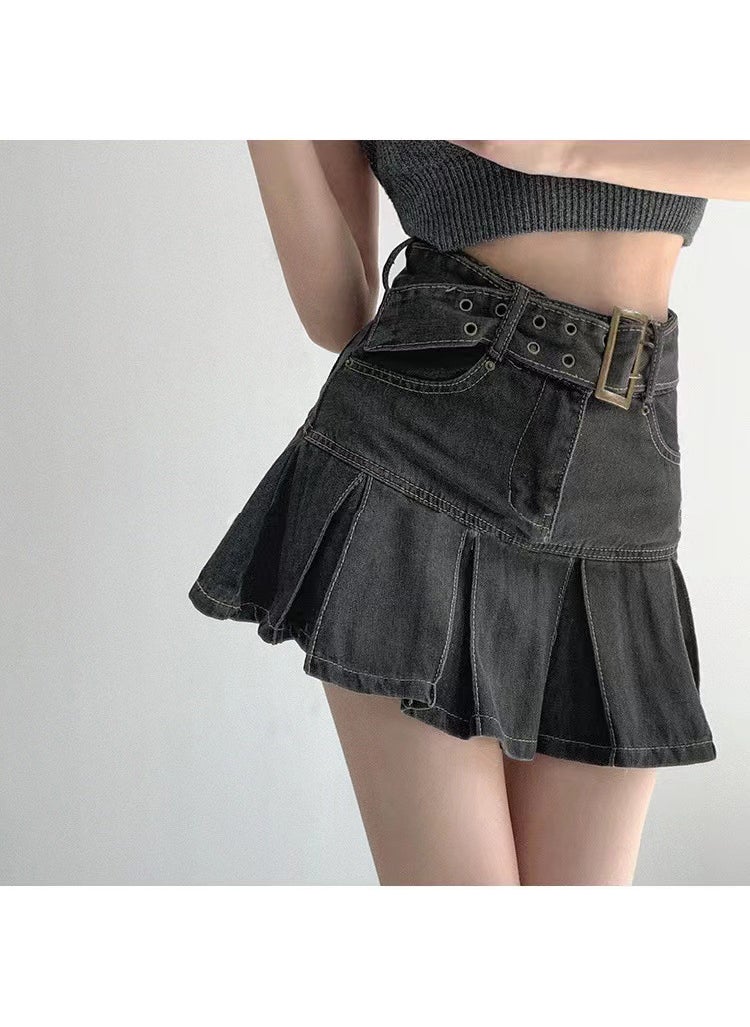 Summer High-Waist Retro Denim Skater Skirt for Women Blue