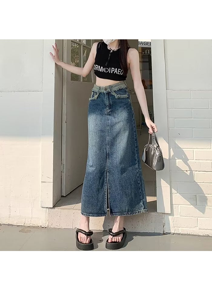 2023 Long Denim Skirt Slim Trendy Split Hem Vintage Blue