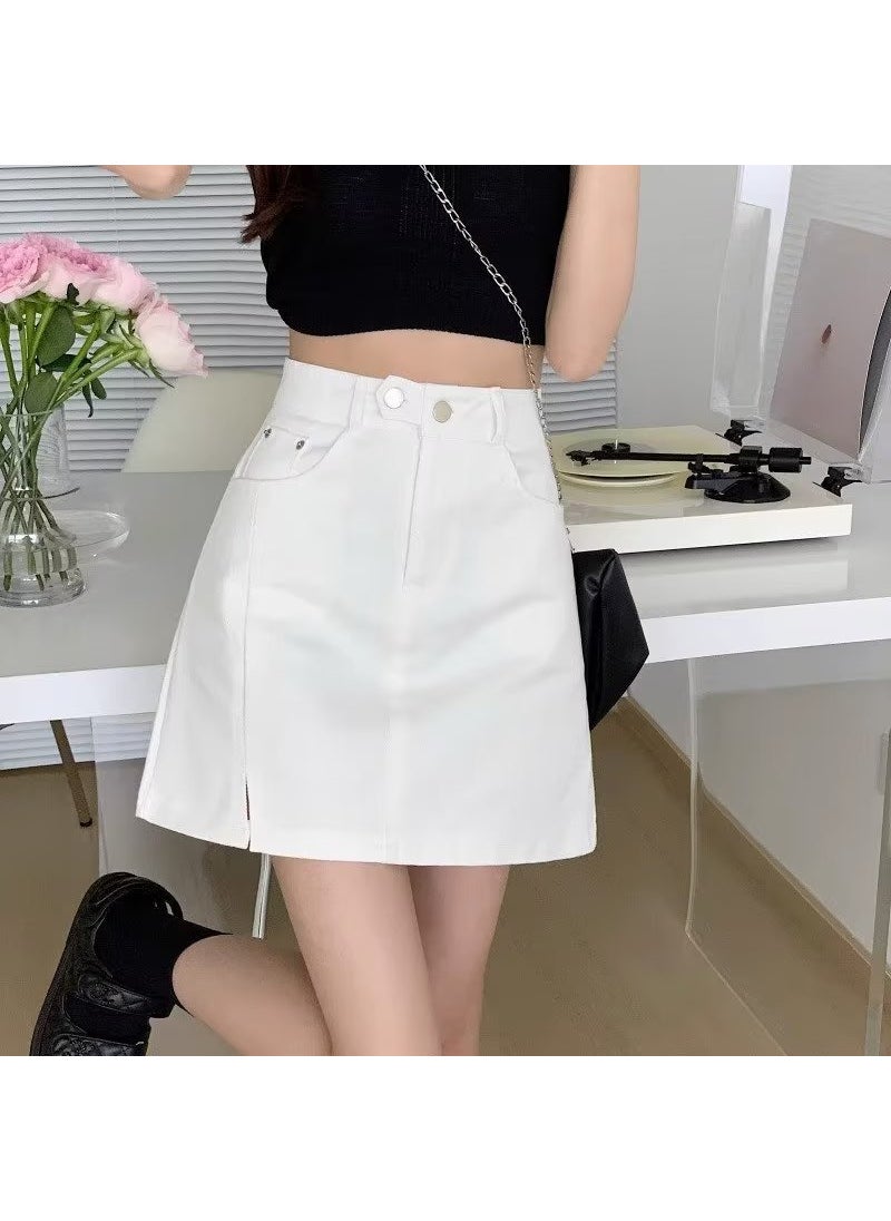 Summer High-Waist Denim A-Line Skirt Slimming Plus-Size White