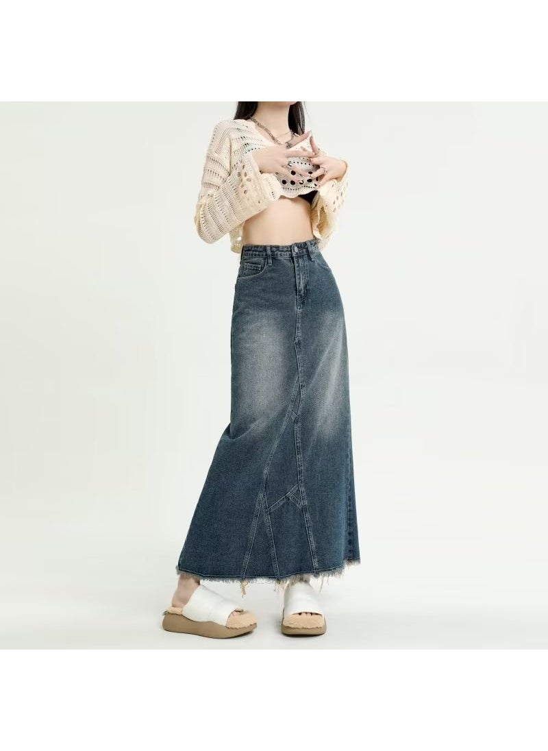 Retro Split Denim Midi Skirt High Waist Slim Fit 2023 Vintage Blue