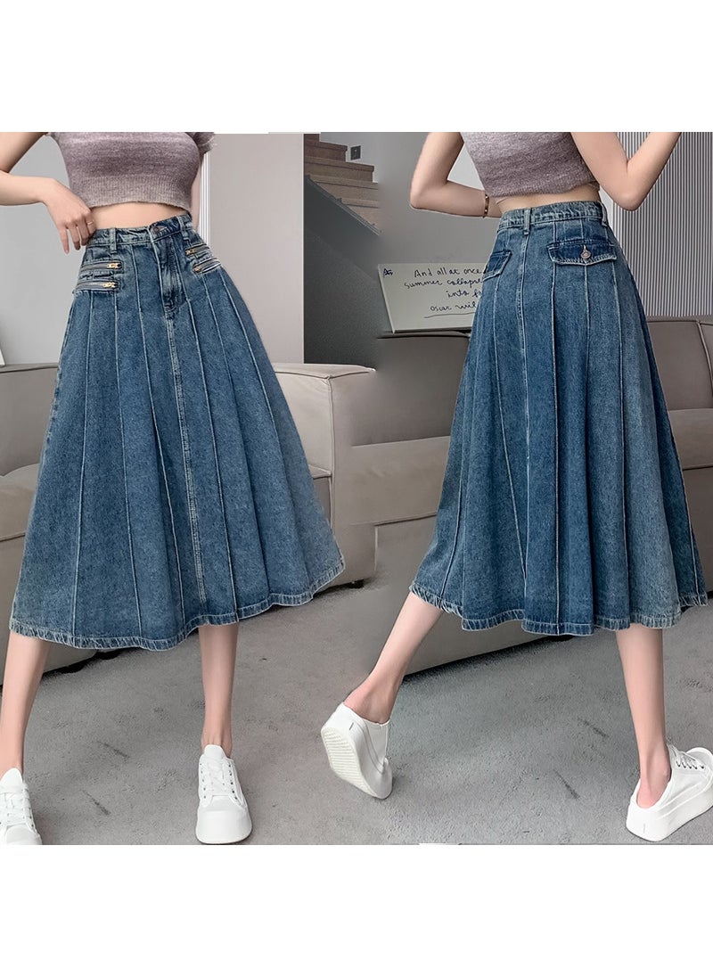 2023 Summer Retro Pleated Denim Skirt High Waist Slim A-Line Blue 540 style