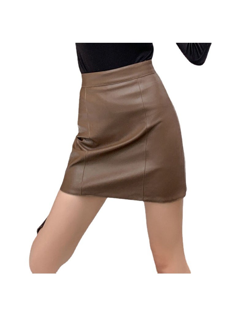 2023 Plus Size A-Line Leather Skirt Brown