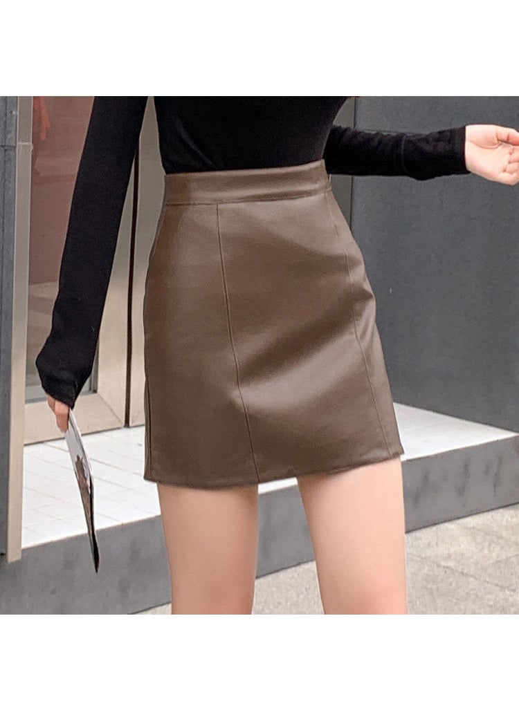 2023 Plus Size A-Line Leather Skirt Brown