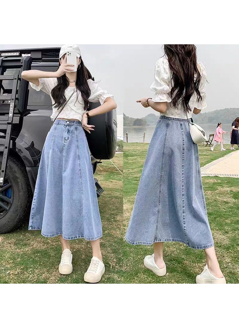 Light Blue Denim Skirt Autumn High Waist Slim A-Line Mid-Length 362 light blue