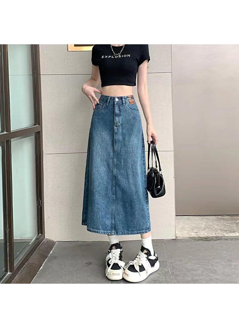 High-Waist Split-Back Denim Skirt for Women Retro Blue