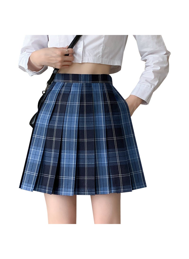 Japanese Style Blue Plaid Pleated Skirt Light blue