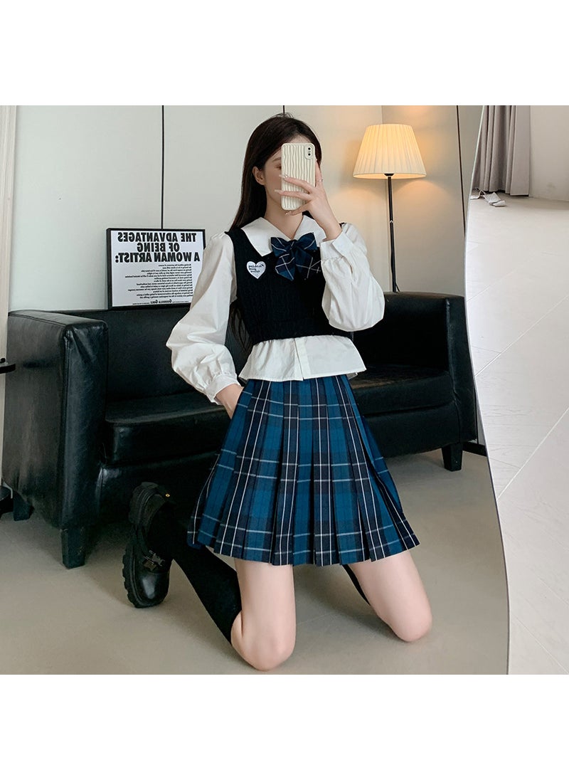 Japanese Style Blue Plaid Pleated Skirt Light blue